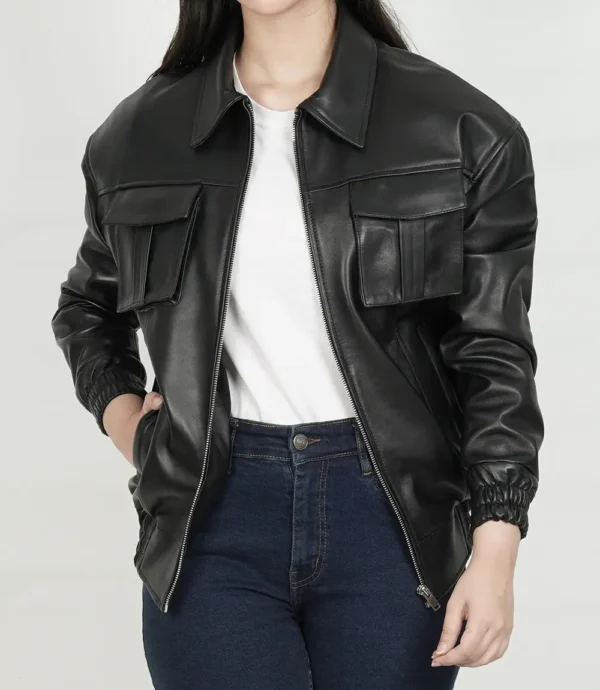 Womens Oversized Black Bomber Leather Jacket