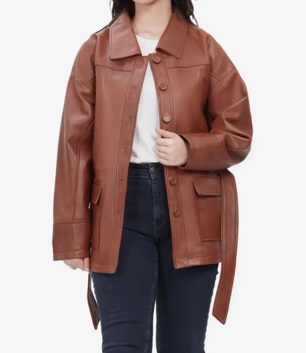 Womens Long Cognac Oversized Belted Leather Jacket