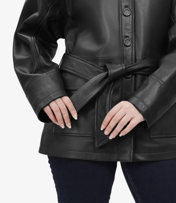 Womens Long Black Oversized Belted Leather Jacket