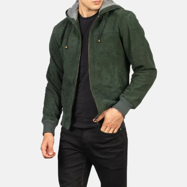 Men Green Hooded Suede Bomber Jacket