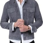 Mens Grey Suede Leather Trucker Jacket