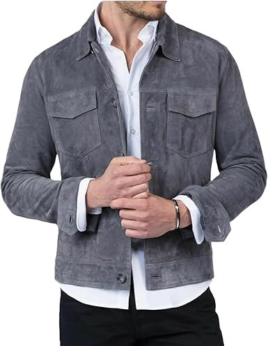 Mens Grey Suede Leather Trucker Jacket