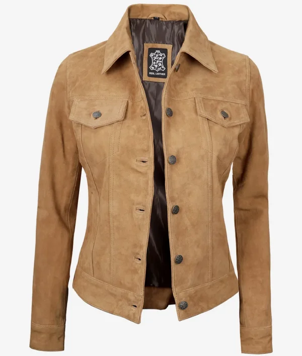 Women Light Brown Suede Trucker Jacket
