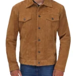 Men Tan Trucker Suede Jacket