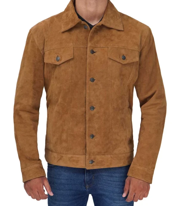 Men Tan Trucker Suede Jacket