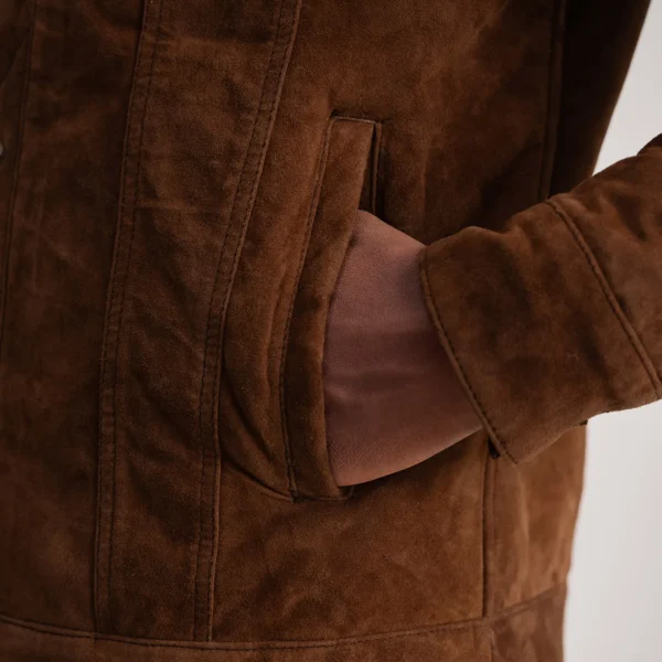 Mens Brown Suede Shearling Trucker Jacket
