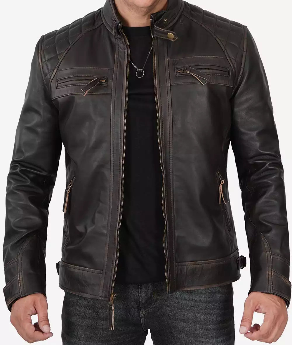 Men Tall Quilted Distressed Brown Leather Jacket