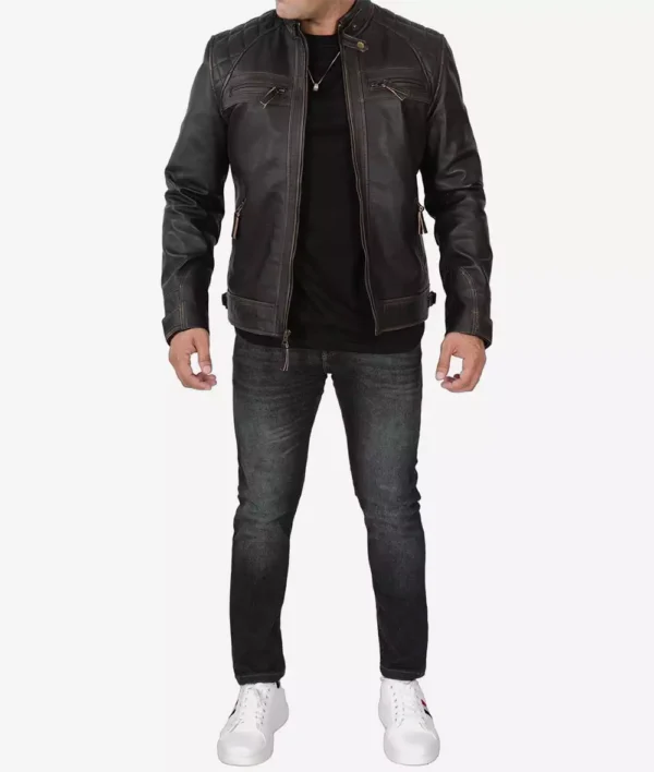 Men Tall Quilted Distressed Brown Leather Jacket