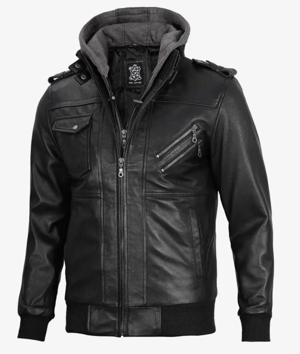 Men Tall Black Bomber Leather Jacket With Removable Hood