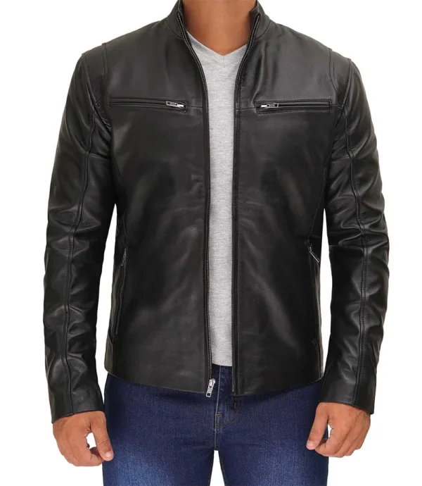 Men Black Tall Cafe Racer Leather Jacket