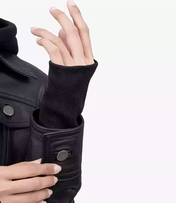 Women Tall Black Leather Jacket With Removable Hood