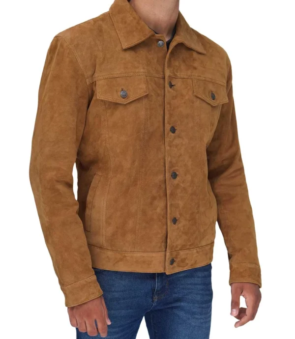 Men Tan Trucker Suede Jacket