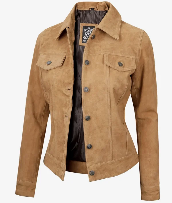Women Light Brown Suede Trucker Jacket