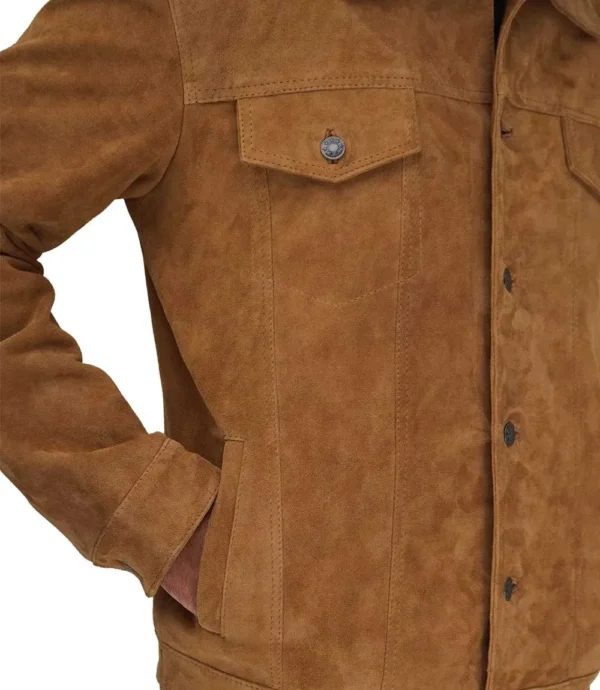 Men Tan Trucker Suede Jacket