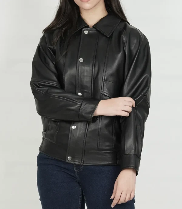Women Black Oversized Bomber Leather Jacket