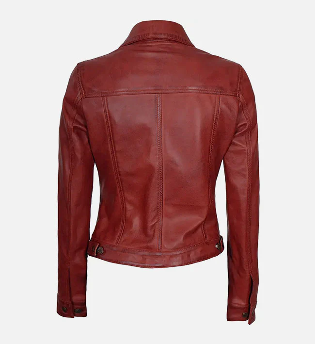 Women Red Leather Trucker Jacket