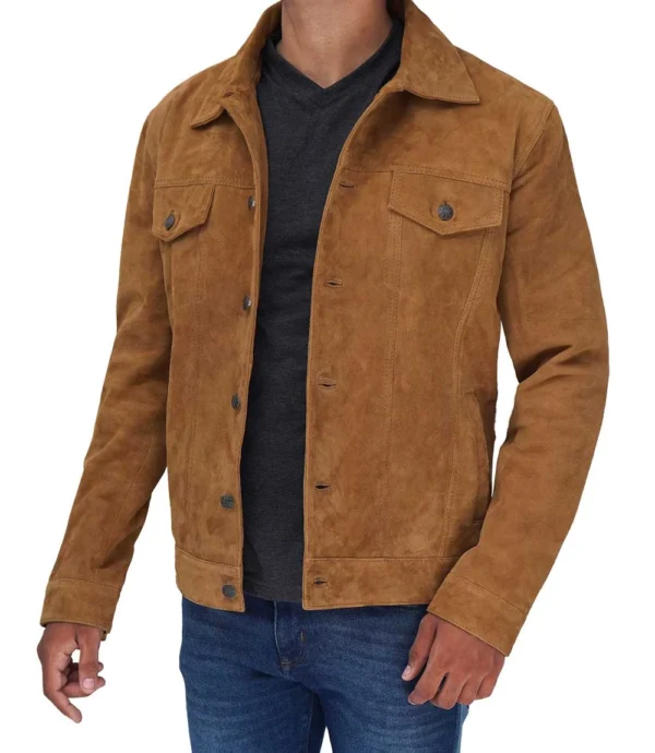 Men Tan Trucker Suede Jacket
