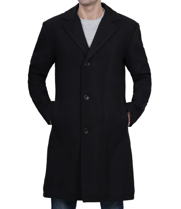Mens Single Breasted Black Wool Coat