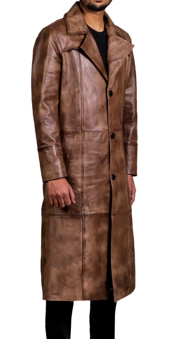 Men Leather Brown Wax Duster Coat