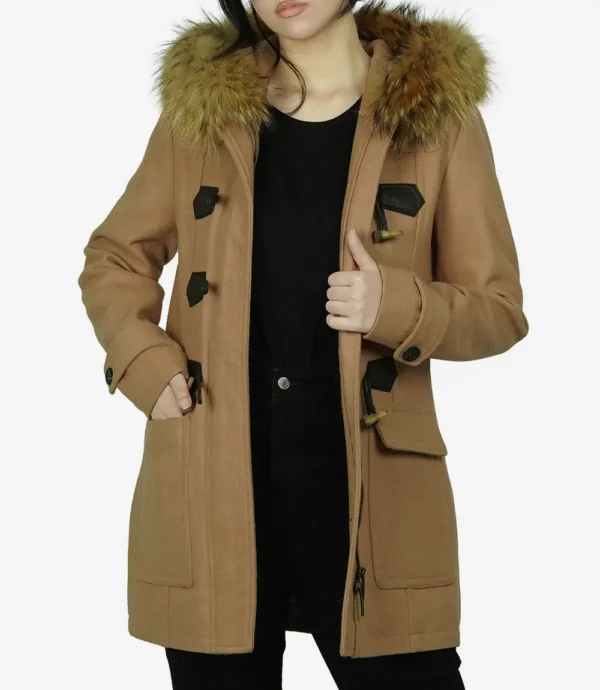 Womens Camel Brown Fur Hooded Wool Duffle Coat