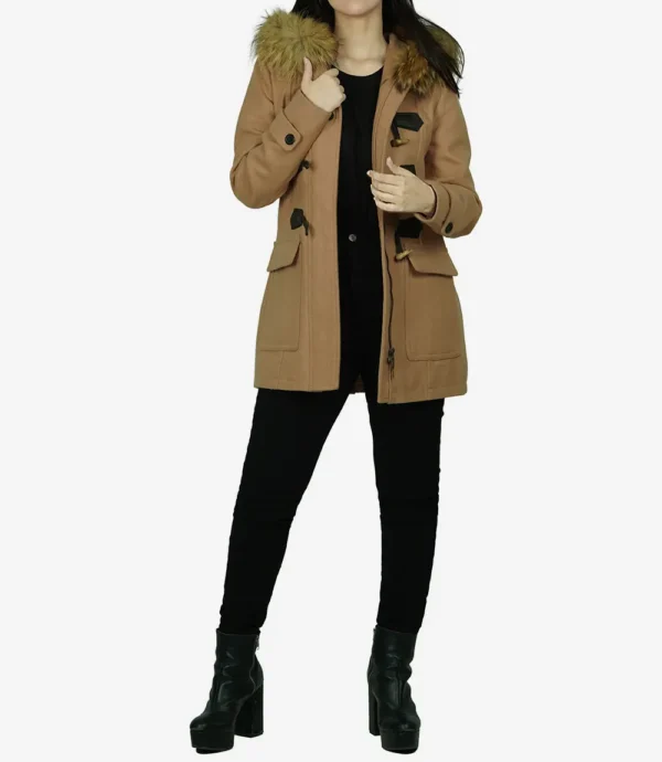 Womens Camel Brown Fur Hooded Wool Duffle Coat