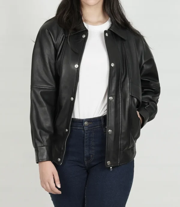 Women Black Oversized Bomber Leather Jacket