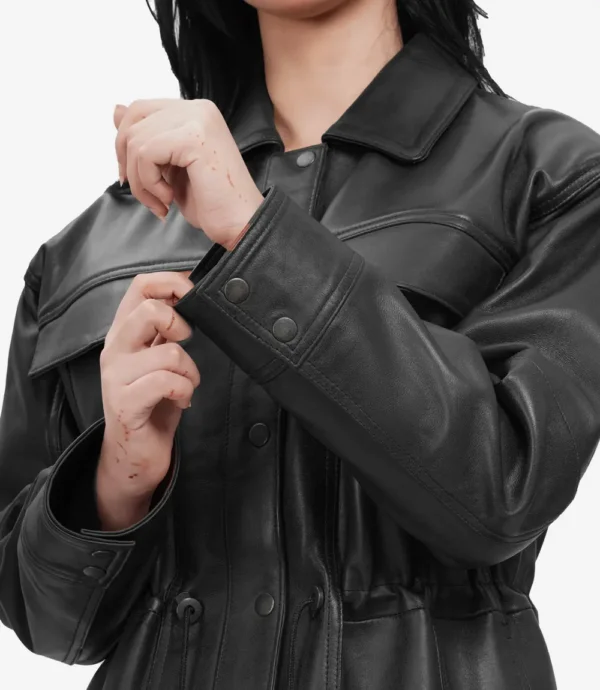 Womens Black Oversized Leather Trucker Jacket