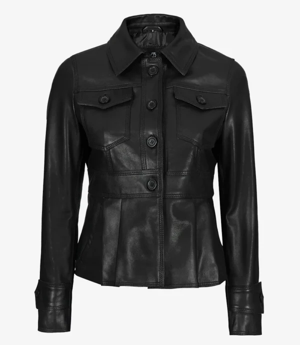 Womens Black Short Body Peplum Leather Jacket