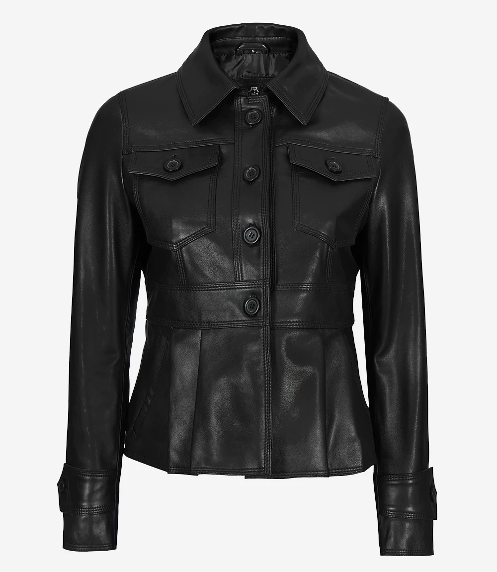 Womens Black Short Body Peplum Leather Jacket
