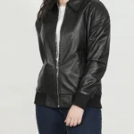 Women Shirt Collar Oversized Bomber Leather Jacket