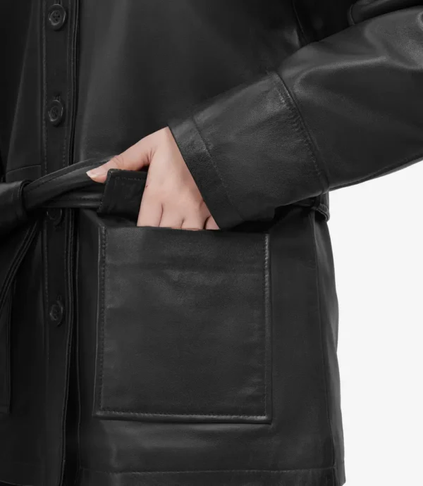 Womens Long Black Oversized Belted Leather Jacket