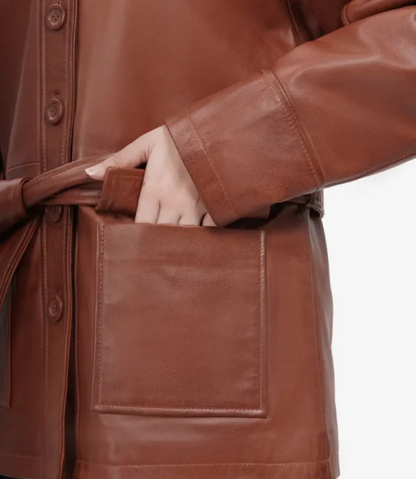 Womens Long Cognac Oversized Belted Leather Jacket