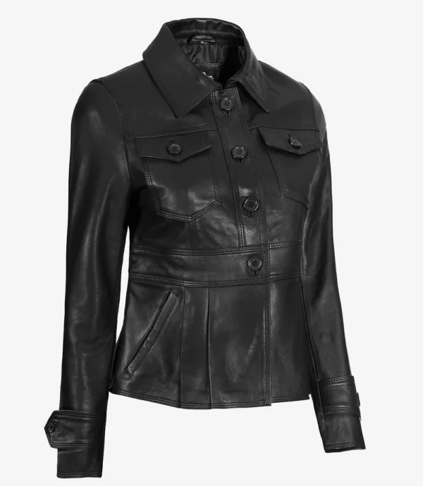 Womens Black Short Body Peplum Leather Jacket