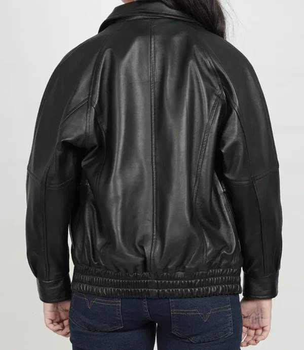 Women Black Oversized Bomber Leather Jacket