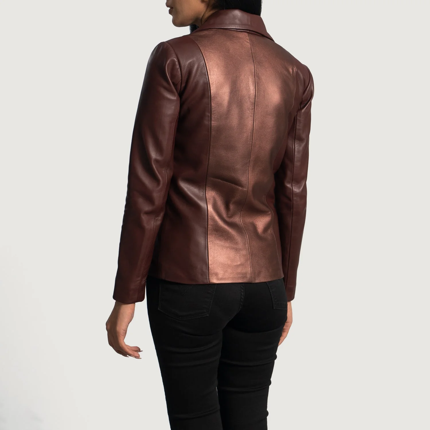 Women Ruby Metallic Maroon Leather Blazer
