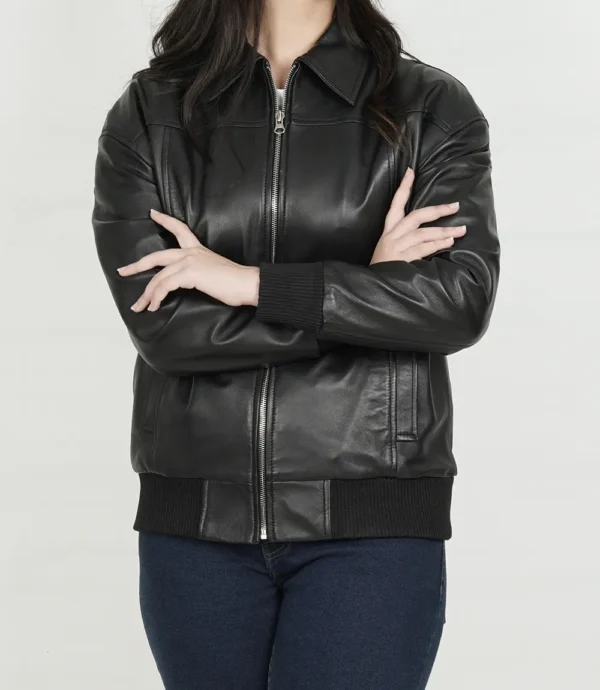 Women Shirt Collar Oversized Bomber Leather Jacket