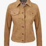Women Light Brown Suede Trucker Jacket