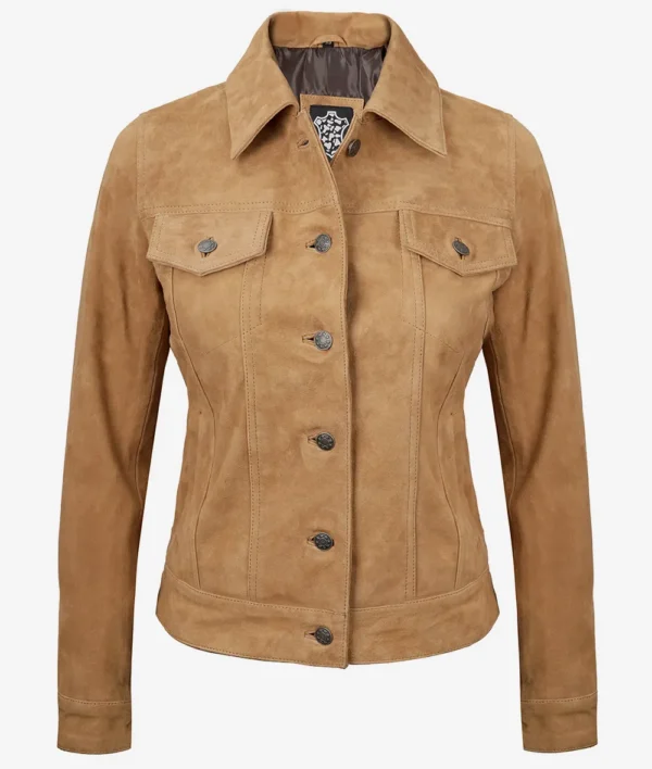 Women Light Brown Suede Trucker Jacket