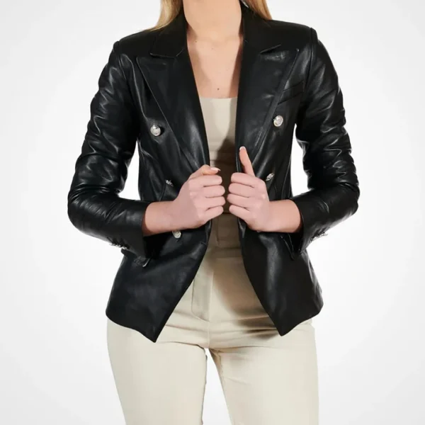 Womens Black Double Breasted Leather Coat