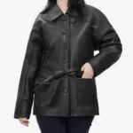 Womens Long Black Oversized Belted Leather Jacket