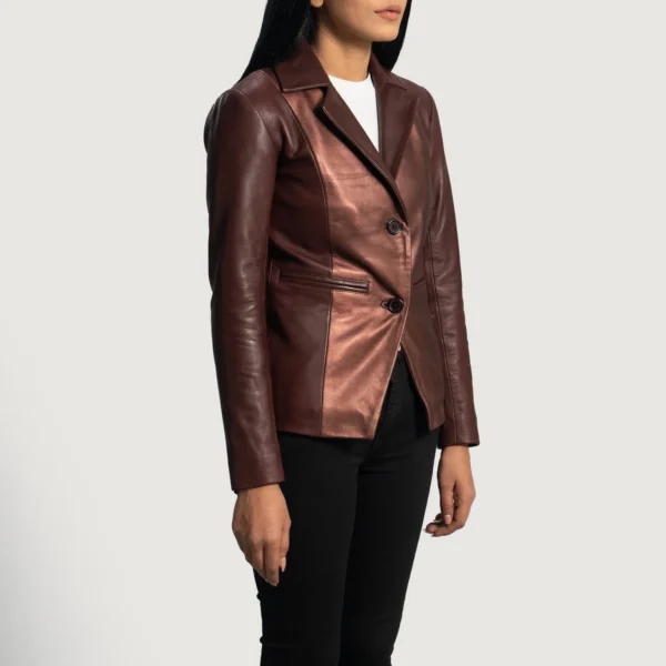 Women Ruby Metallic Maroon Leather Blazer