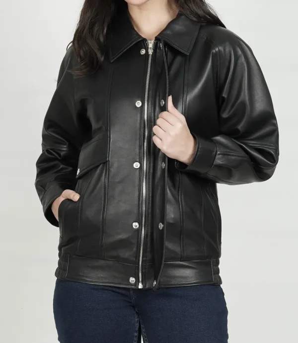 Women Black Oversized Bomber Leather Jacket