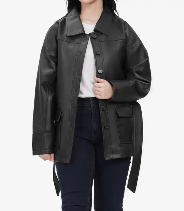 Womens Long Black Oversized Belted Leather Jacket