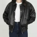 Women Black Oversized Bomber Leather Jacket