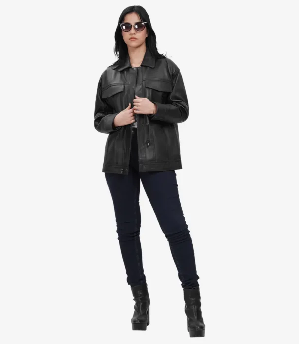 Womens Black Oversized Leather Trucker Jacket