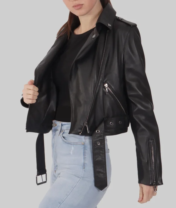 Women Cropped Black Leather Biker Jacket