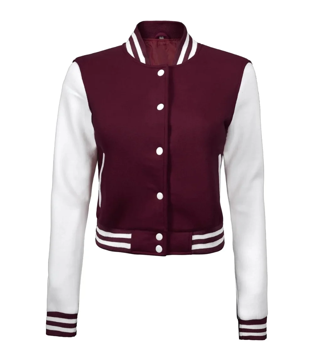 Womens Maroon And White Cropped Varsity Jacket