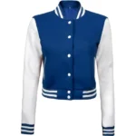Women Royal Blue & White Cropped Varsity Jacket