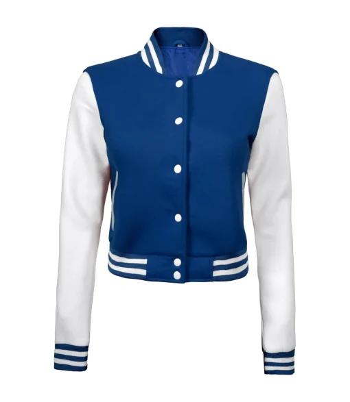 Women Royal Blue & White Cropped Varsity Jacket