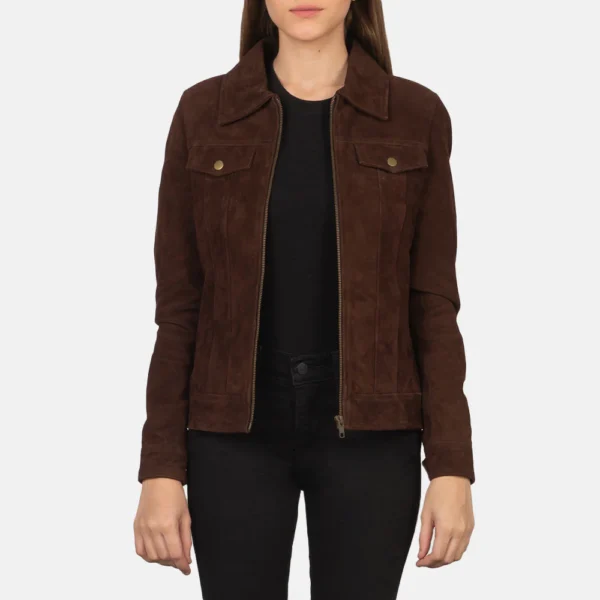 Women Dark Brown Suede Trucker Jacket